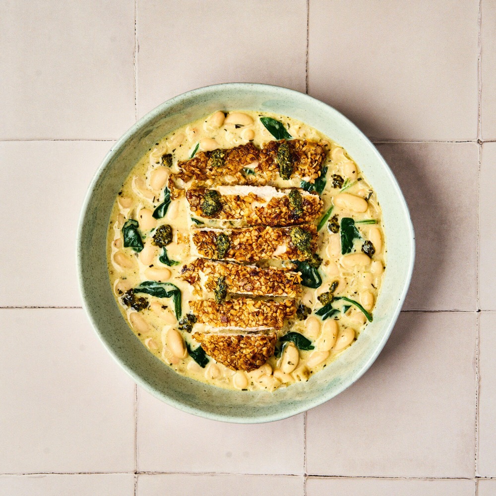 Oat-Crusted Chicken with Creamy Bean Stew